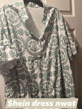 SHEIN White Dress with Sage Green Medallion Print